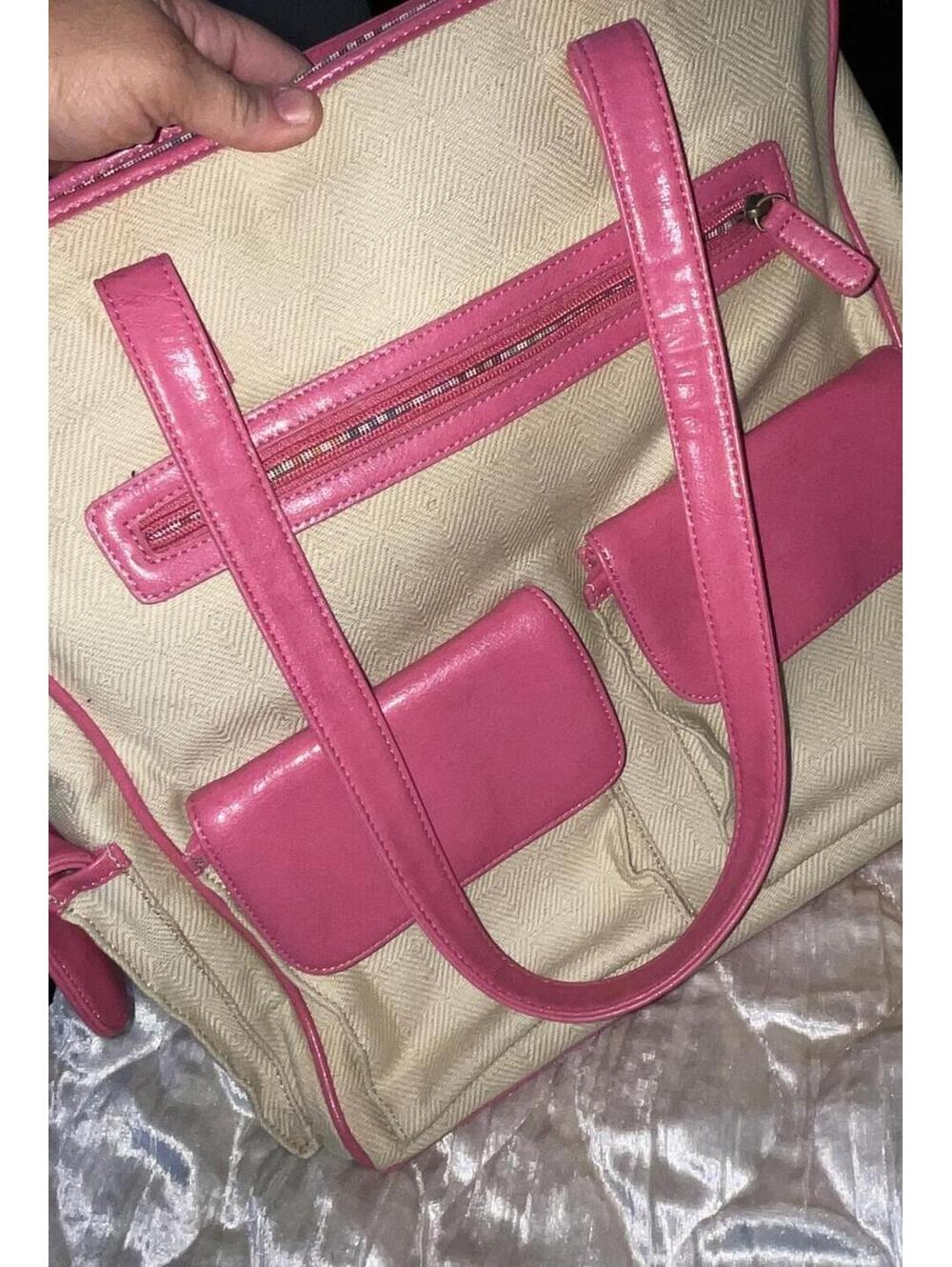 Buxton Beige Tote with Pink Trim and Handles